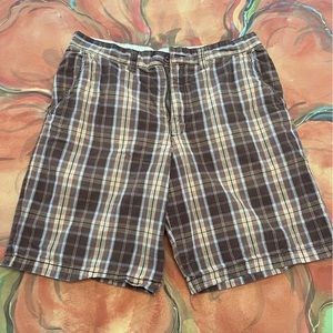 BROWN, TAN, + BLUE PLAID CASUAL SHORTS MENS W36